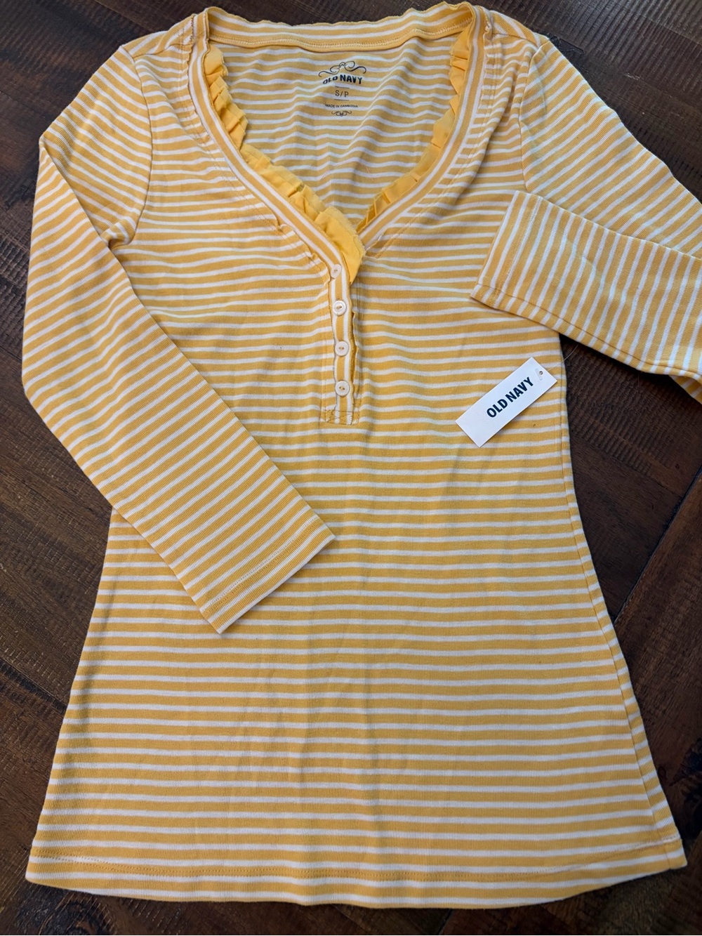 OLD NAVY Long Sleeve Yellow / White Striped Tee Size Large 80% Cotton Casual